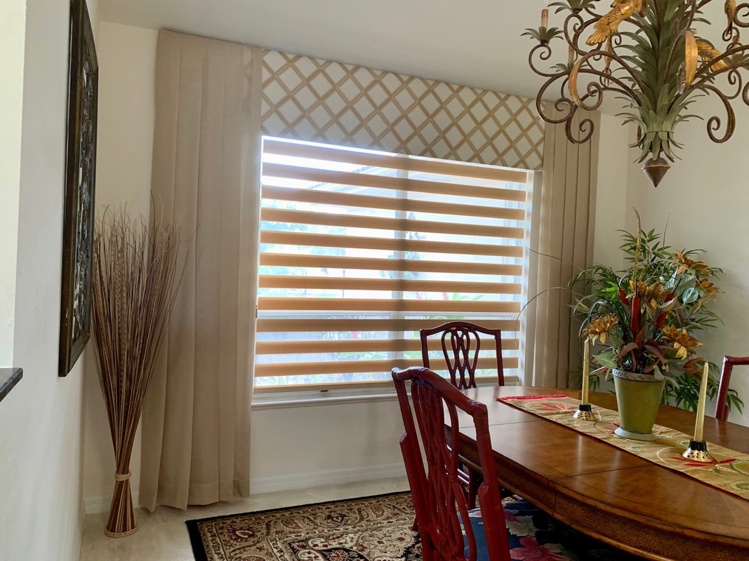 Cornice, side panels, and Hunter Douglas banded window shade at home in Imperial Golf Course, North Naples, FL